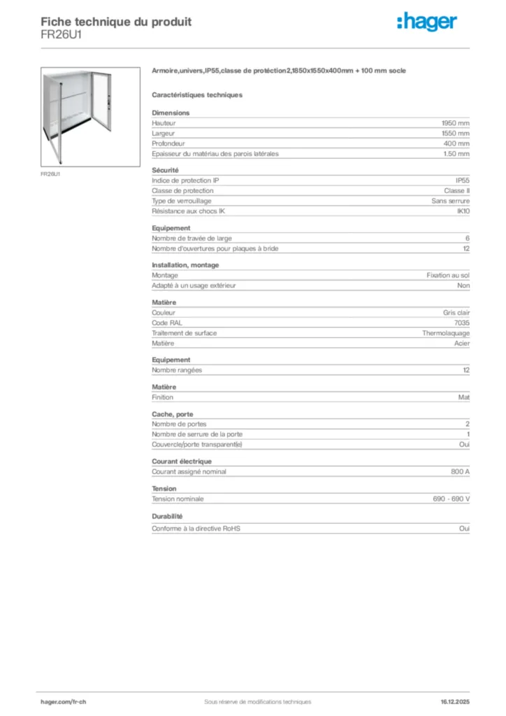 Image Hager Fiche technique du produit FR26U1 | Hager Suisse