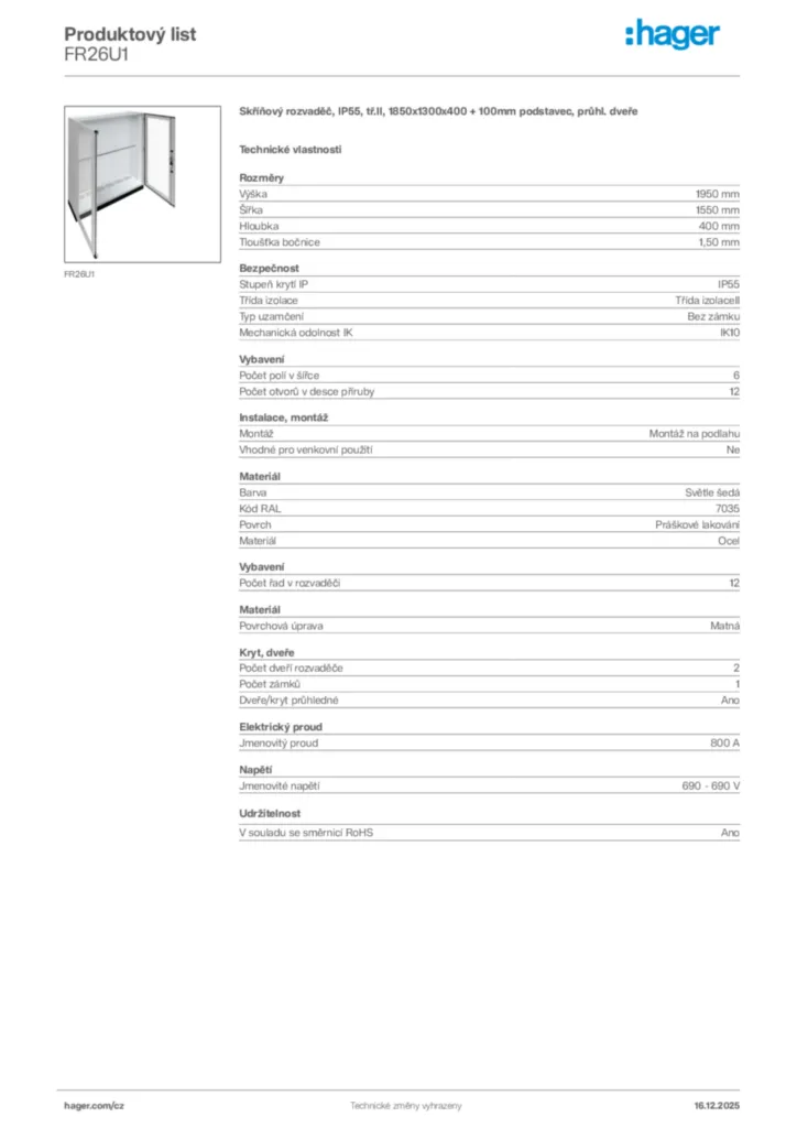 Obrázek Hager Produktový list FR26U1 | Hager