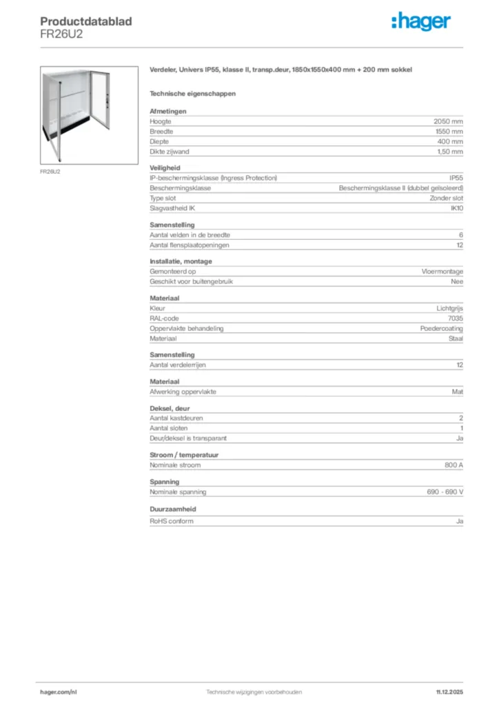 Afbeelding Hager Productdatablad FR26U2 | Hager Nederland