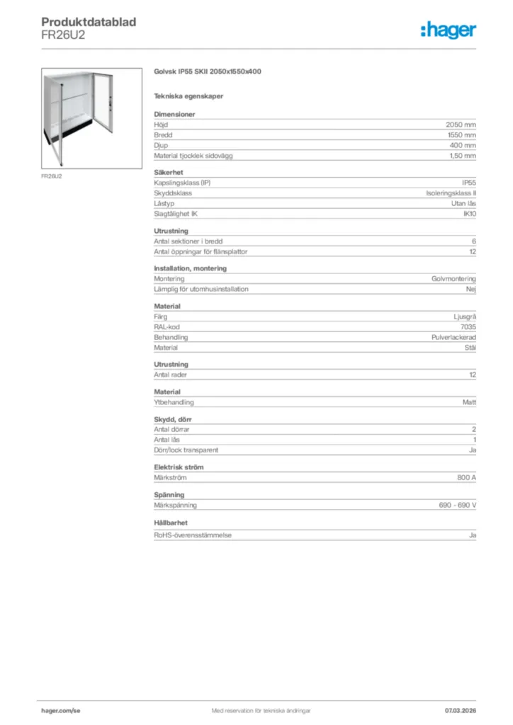 Bild Hager Produktdatablad FR26U2 | Hager Sverige