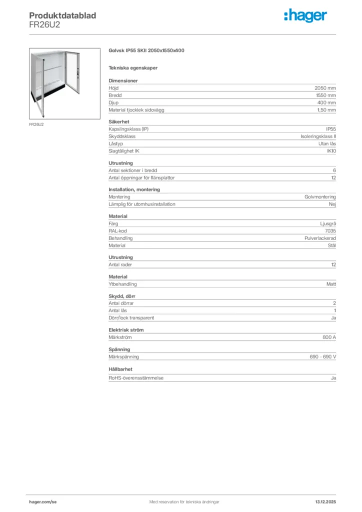 Bild Hager Produktdatablad FR26U2 | Hager Sverige