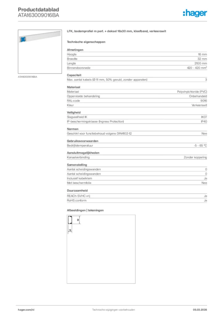 Afbeelding Hager Productdatablad ATA163009016BA | Hager Nederland