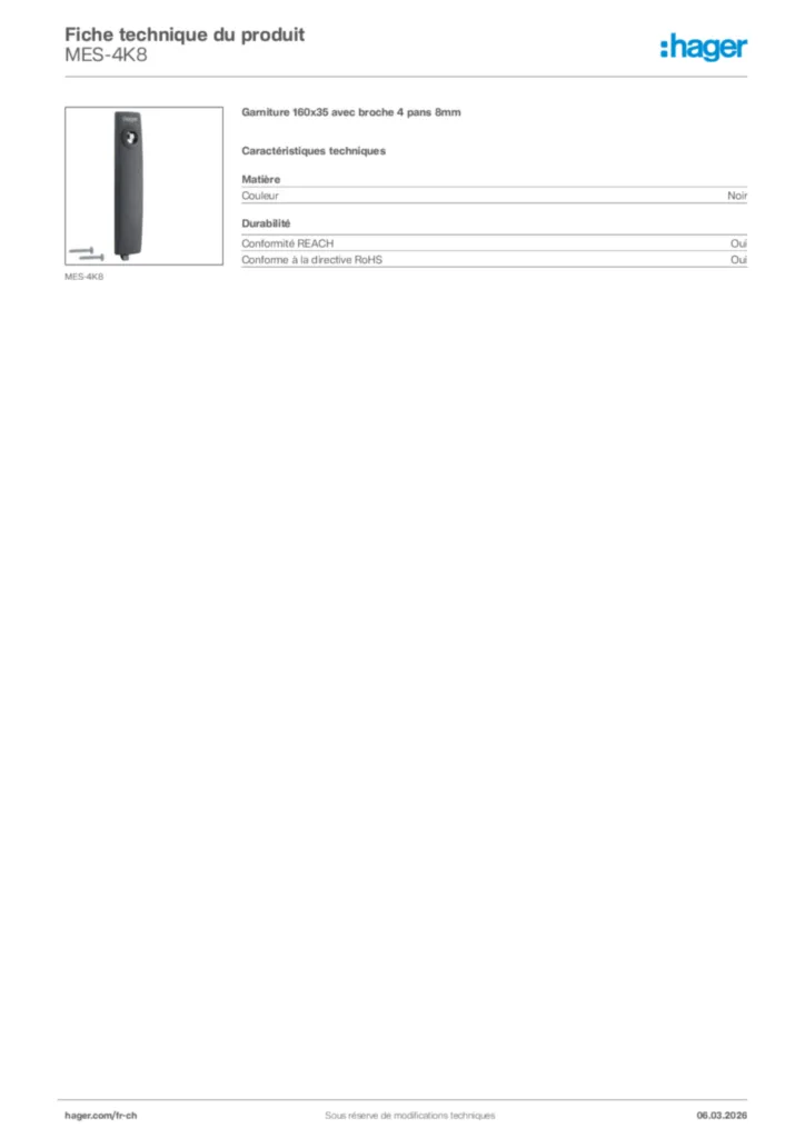 Image Hager Fiche technique du produit MES-4K8 | Hager Suisse