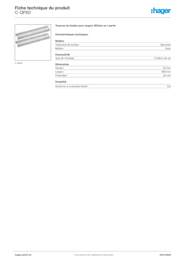 Image Hager Fiche technique du produit C-QP80 | Hager Suisse