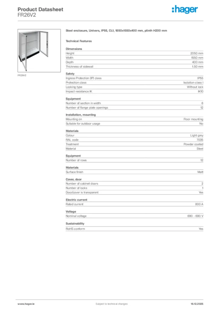 Image Hager Product data sheet FR26V2  | Hager