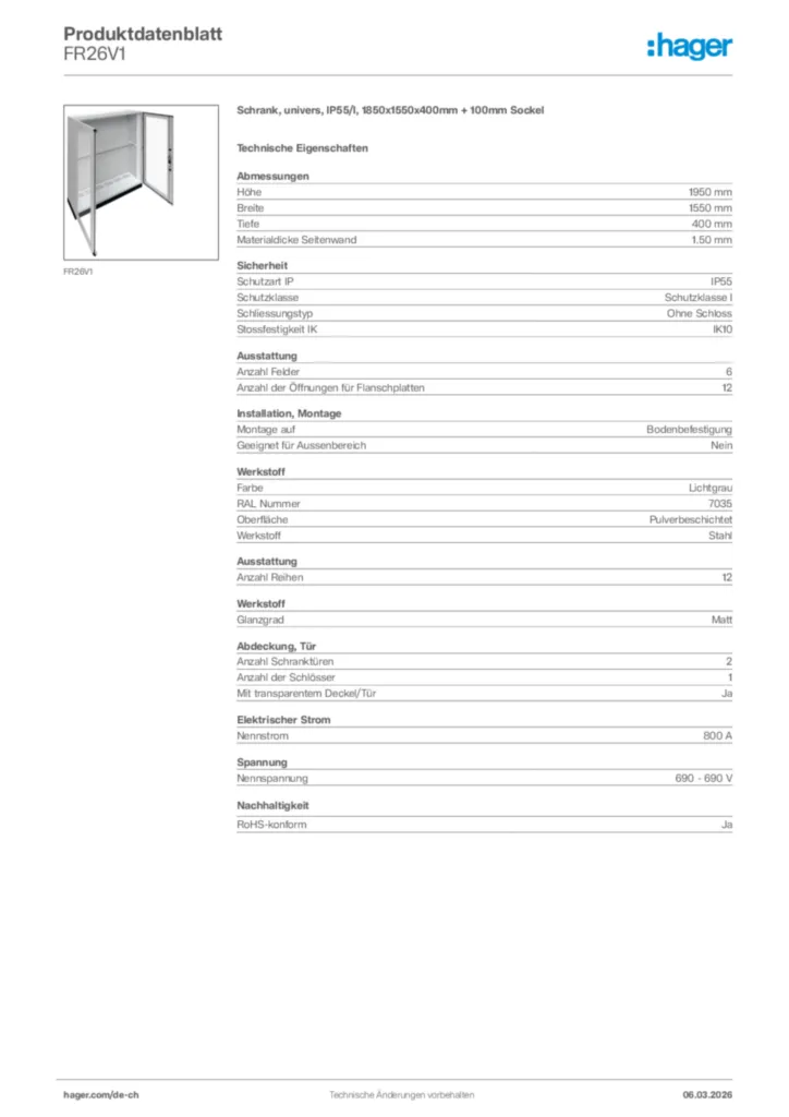Bild Hager Produktdatenblatt FR26V1 | Hager Schweiz