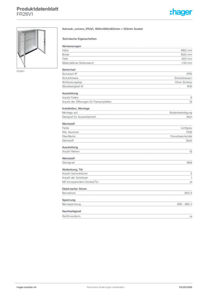 Bild Hager Produktdatenblatt FR26V1 | Hager Schweiz