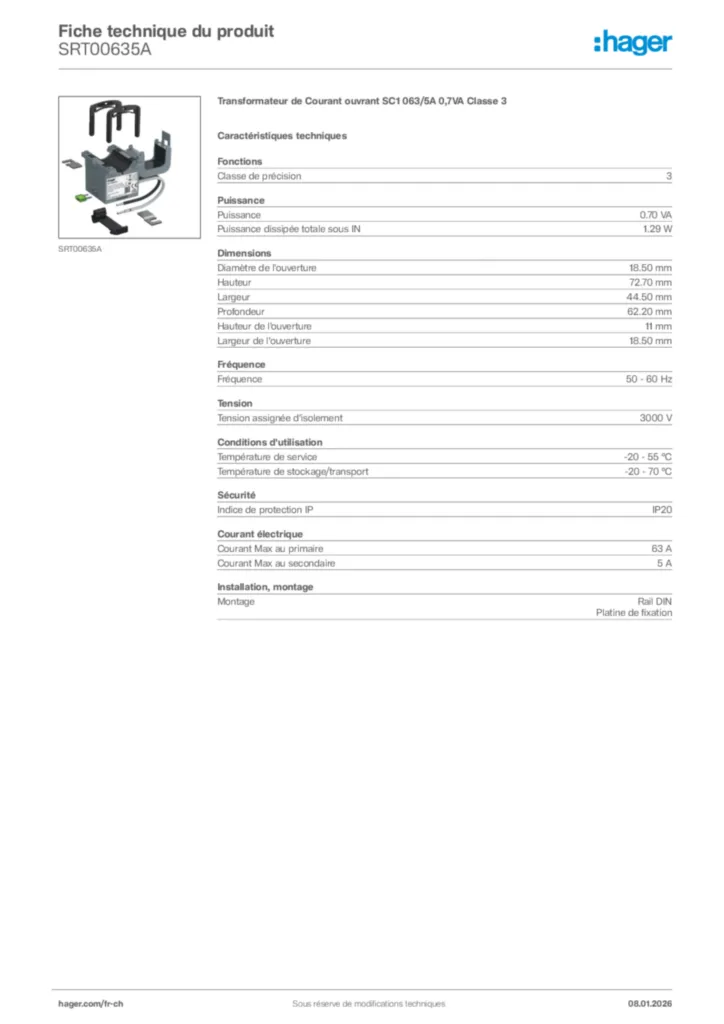 Image Hager Fiche technique du produit SRT00635A | Hager Suisse