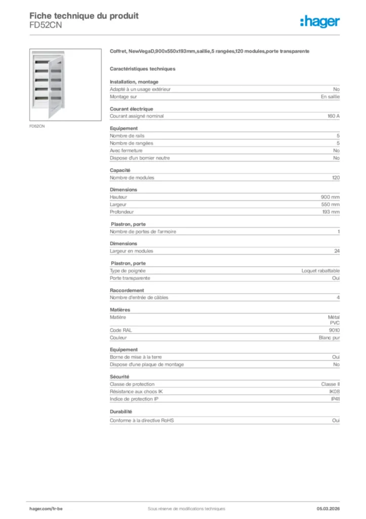 Image Hager Fiche technique du produit FD52CN | Hager Belgique