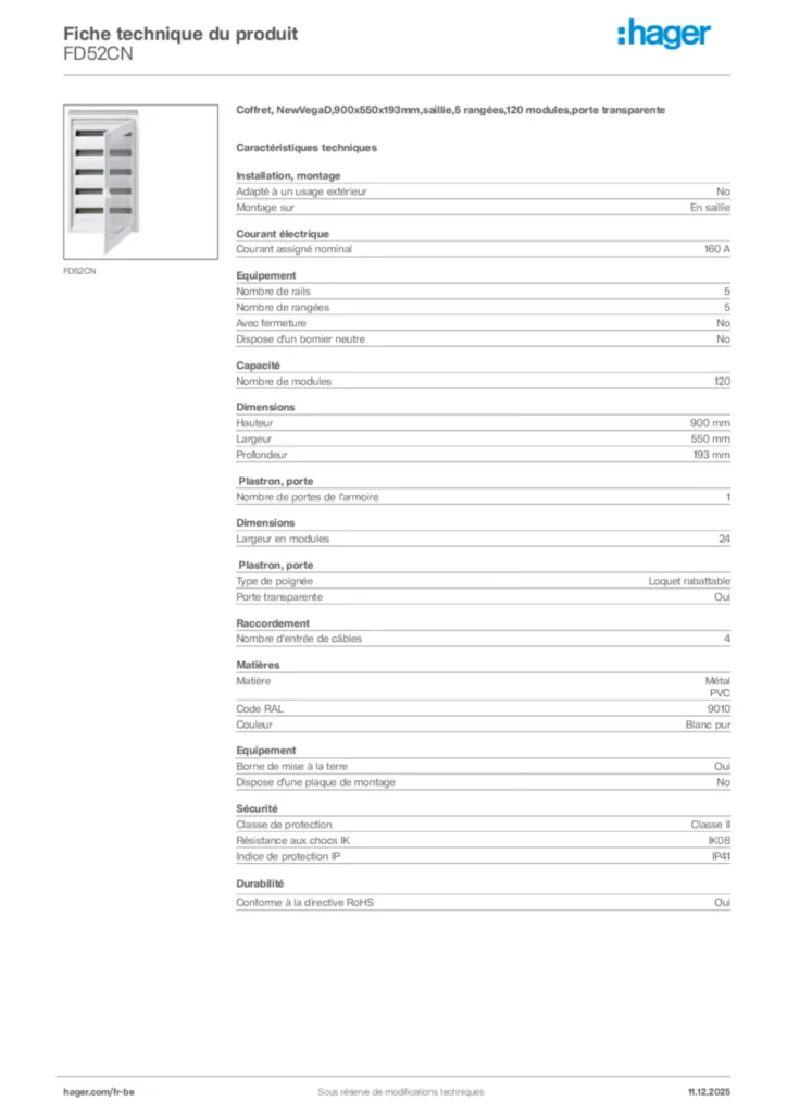 Image Hager Fiche technique du produit FD52CN | Hager Belgique