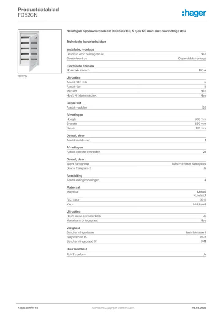Afbeelding Hager Productdatablad FD52CN | Hager Belgium