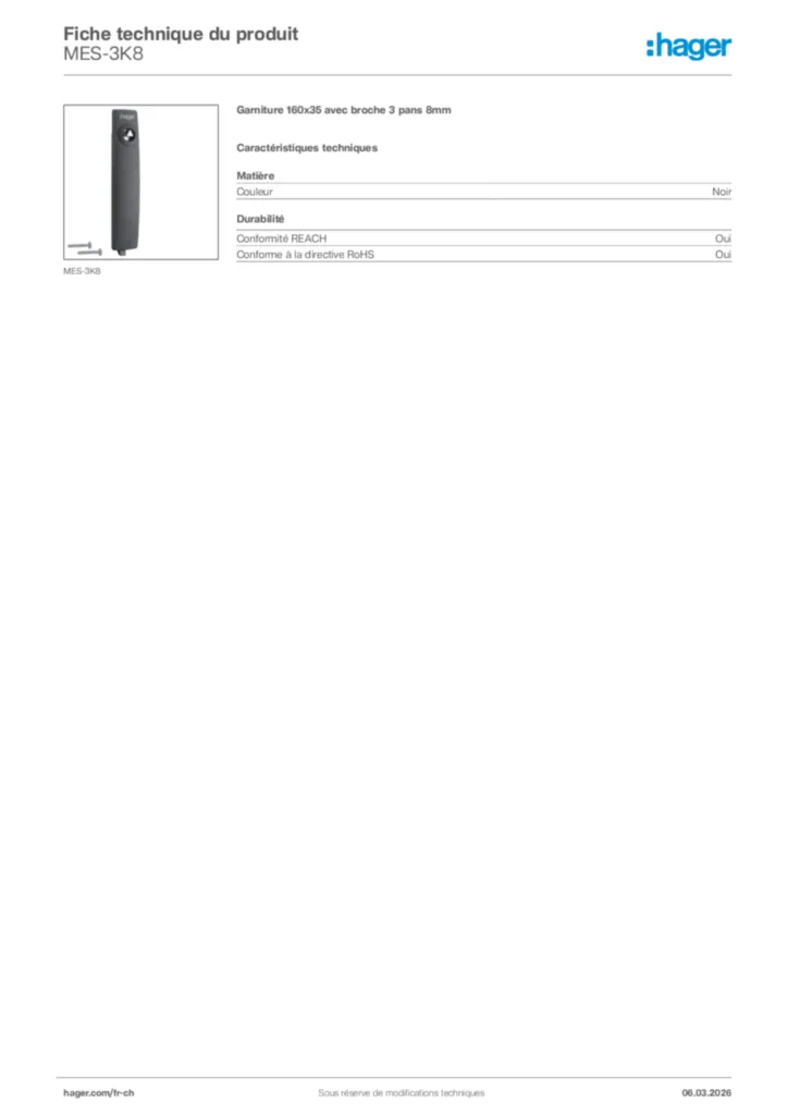 Image Hager Fiche technique du produit MES-3K8 | Hager Suisse