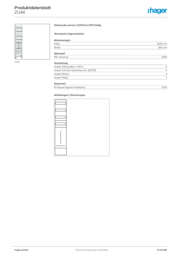 Bild Hager Produktdatenblatt ZU44 | Hager Deutschland