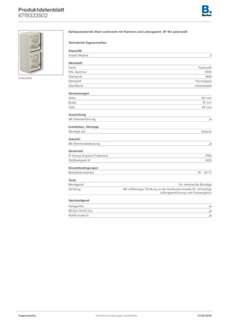 Bild Berker Produktdatenblatt 6719333502 | Hager Deutschland