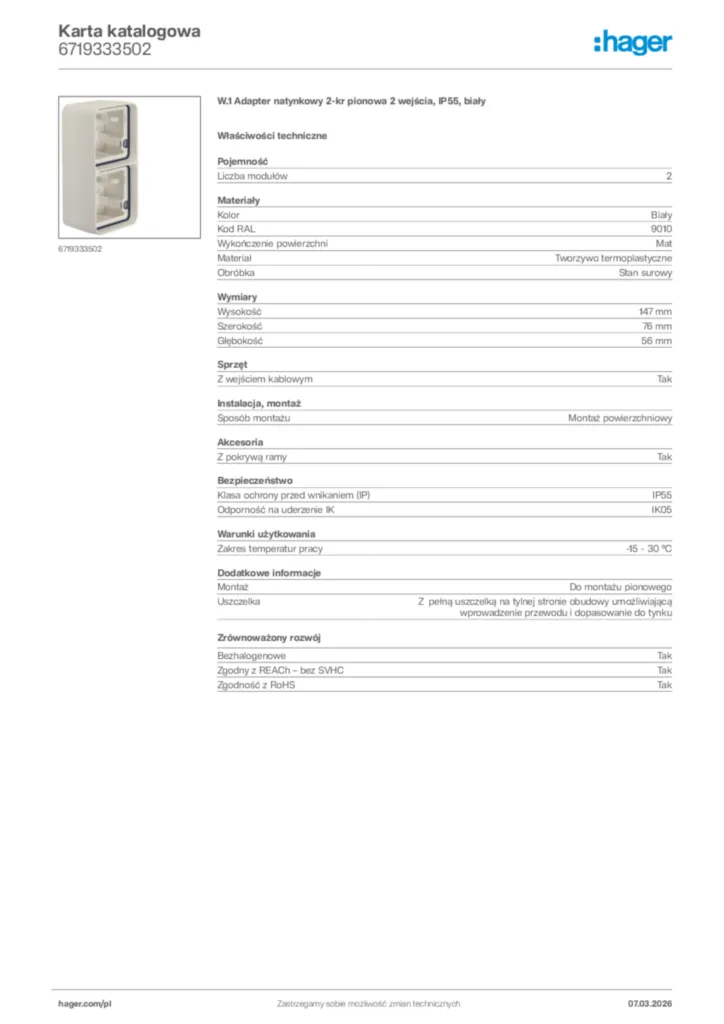 Zdjęcie Hager Karta katalogowa 6719333502 | Hager Polska