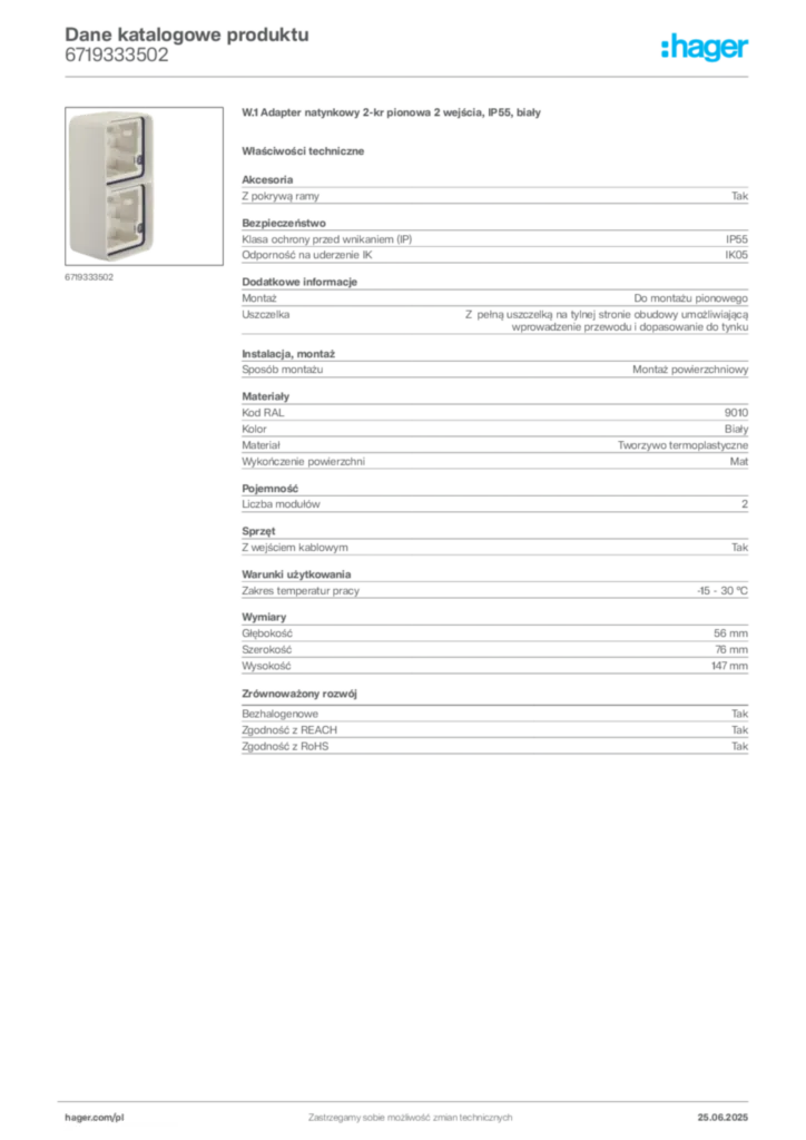 Zdjęcie Hager Karta katalogowa 6719333502 | Hager Polska