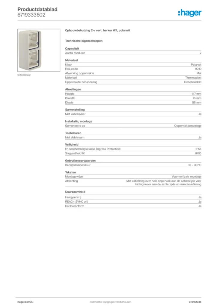 Afbeelding Hager Productdatablad 6719333502 | Hager Nederland