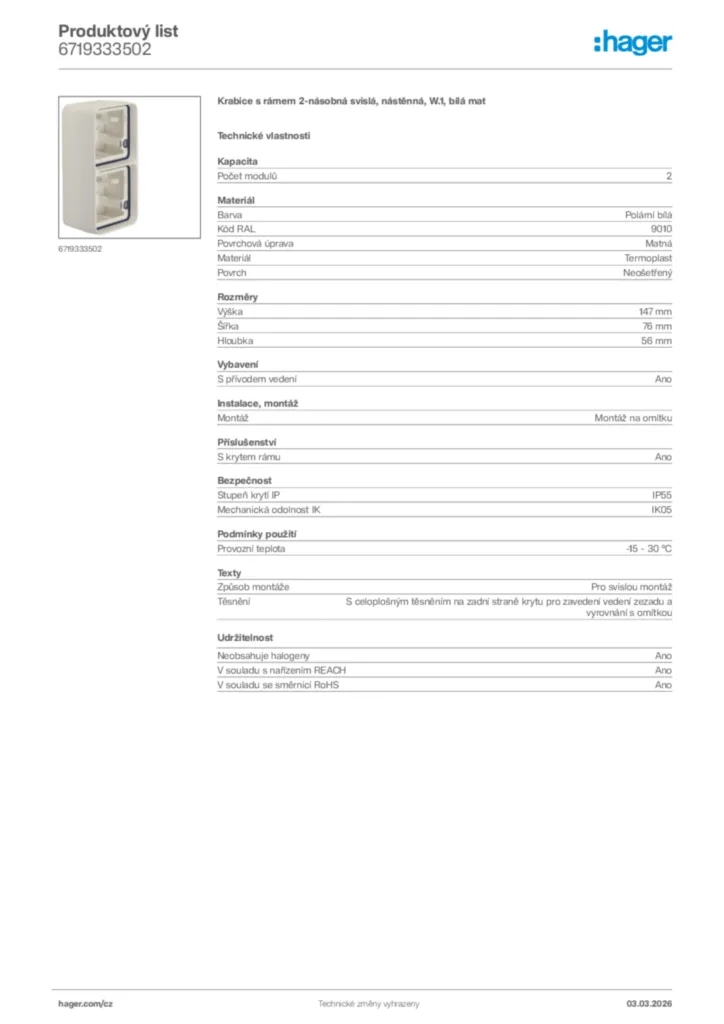 Obrázek Hager Product data sheet 6719333502 | Hager
