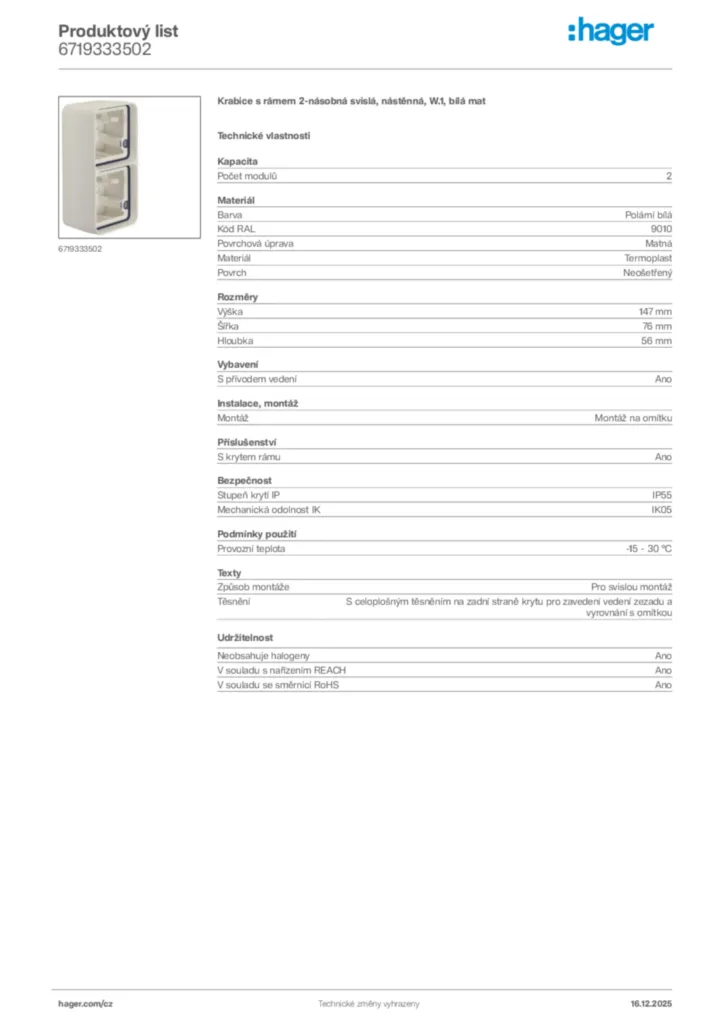 Obrázek Hager Product data sheet 6719333502 | Hager