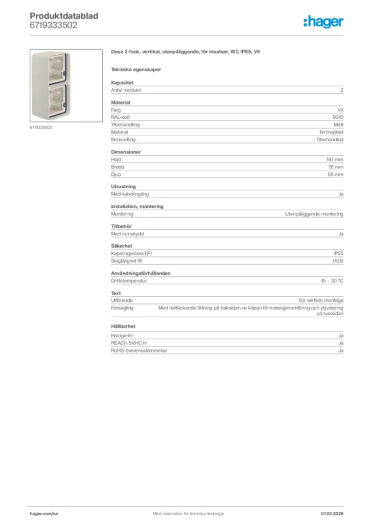 Bild Hager Produktdatablad 6719333502 | Hager Sverige