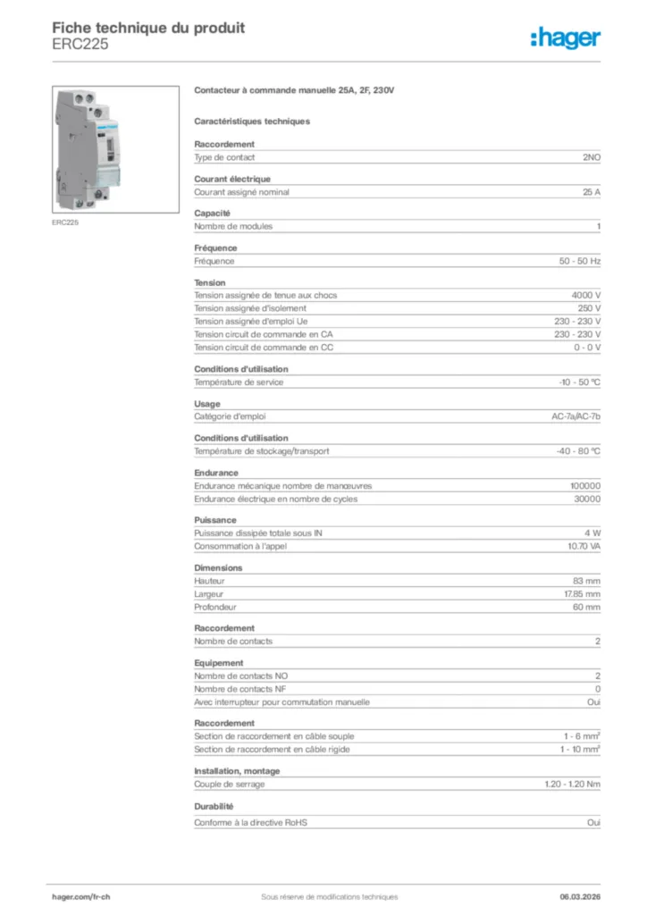Image Hager Fiche technique du produit ERC225 | Hager Suisse