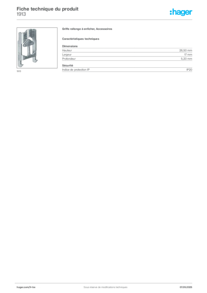 Image Hager Fiche technique du produit 1913 | Hager Belgique