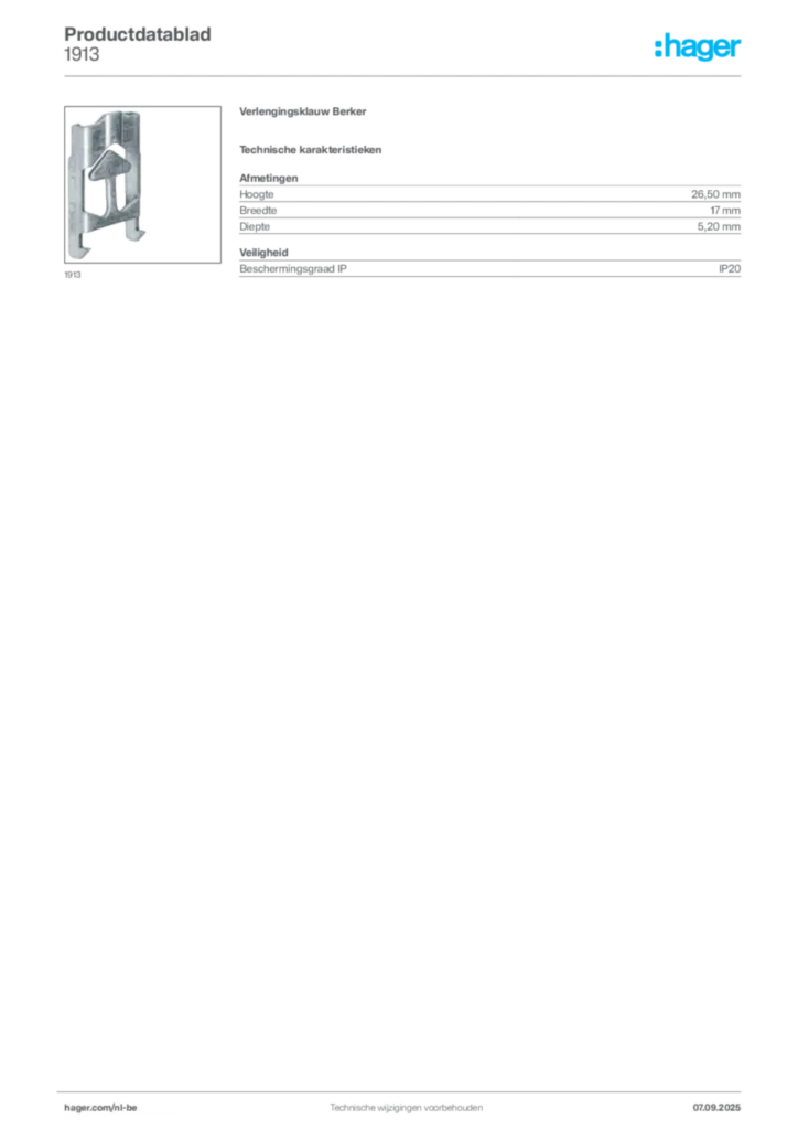 Afbeelding Hager Productdatablad 1913 | Hager Belgium