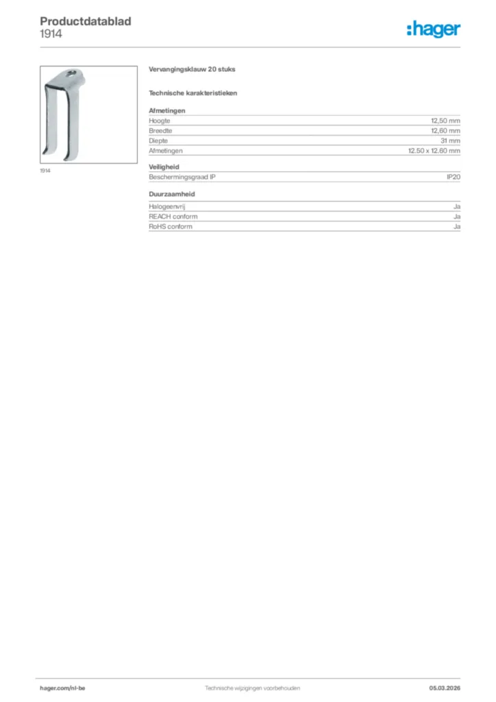 Afbeelding Hager Productdatablad 1914 | Hager Belgium