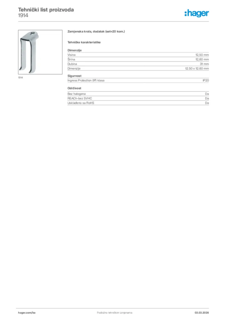 Slika Hager Tehnički list proizvoda 1914  | Hager