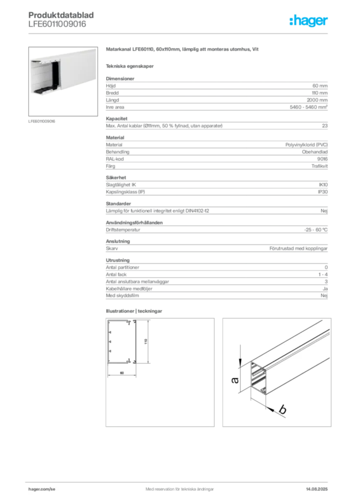 Bild Hager Produktdatablad LFE6011009016 | Hager Sverige
