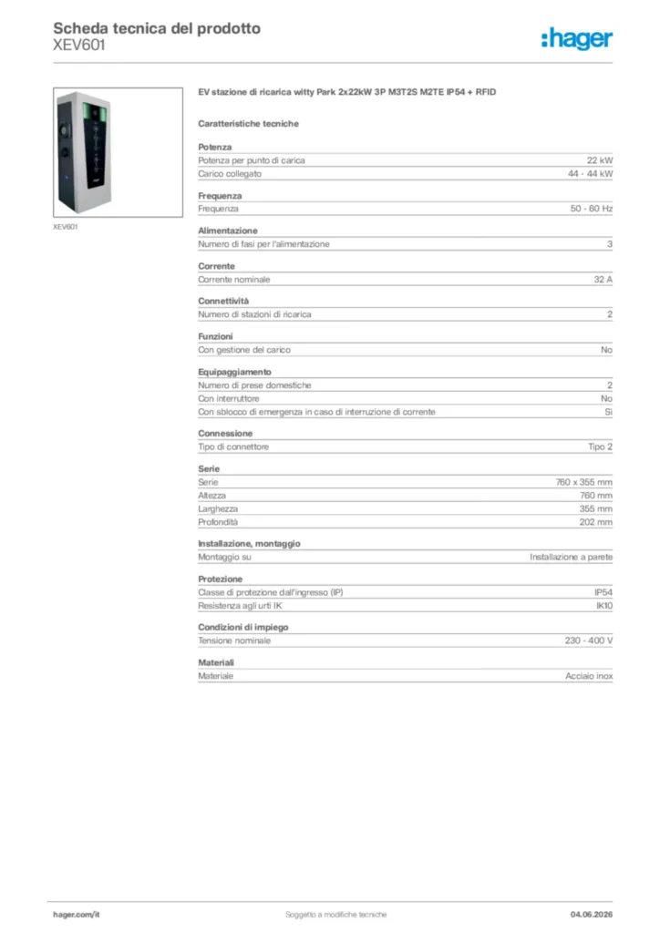 Immagine Hager Scheda tecnica del prodotto XEV601 | Hager Italia