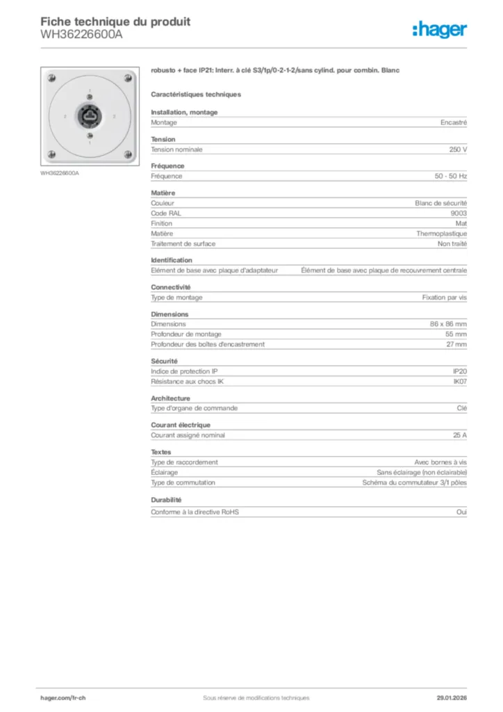Image Hager Fiche technique du produit WH36226600A | Hager Suisse