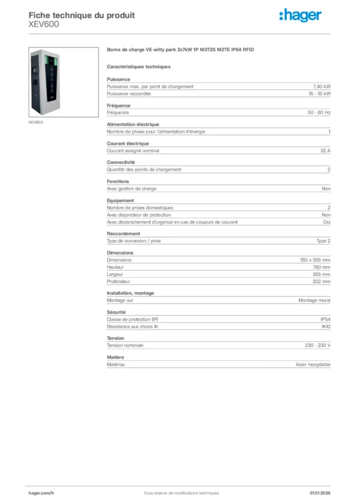 Image Hager Fiche technique du produit XEV600 | Hager France