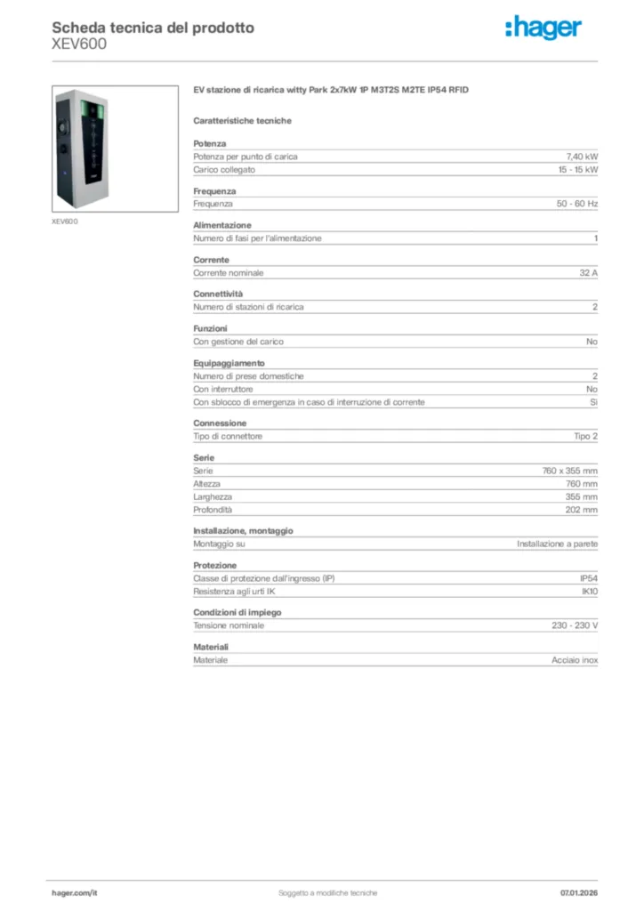 Immagine Hager Scheda tecnica del prodotto XEV600 | Hager Italia