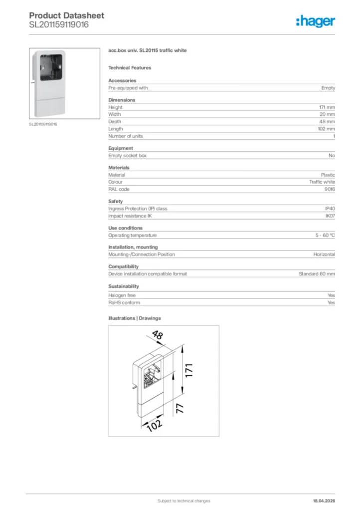 Image Hager Product data sheet SL201159119016  | Hager Africa