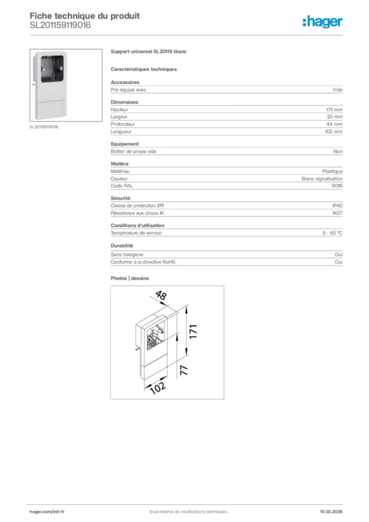 Image Hager Fiche technique du produit SL201159119016 | Hager Afrique