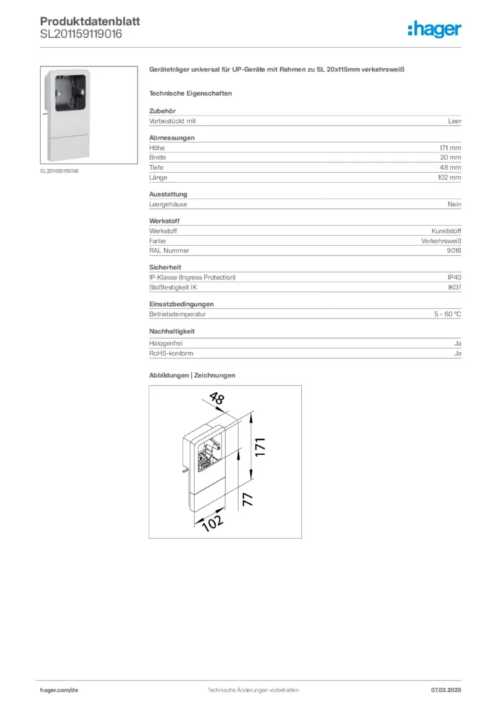 Bild Hager Produktdatenblatt SL201159119016 | Hager Deutschland