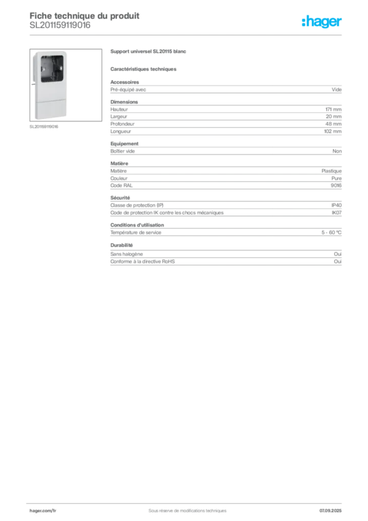 Image Hager Fiche technique du produit SL201159119016 | Hager France
