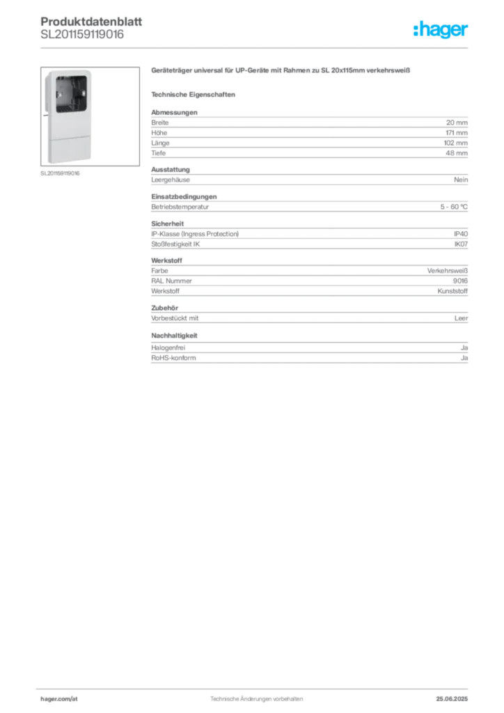 Bild Hager Produktdatenblatt SL201159119016 | Hager Deutschland
