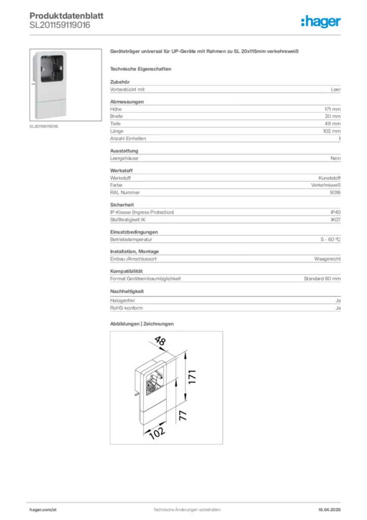 Bild Hager Produktdatenblatt SL201159119016 | Hager Deutschland