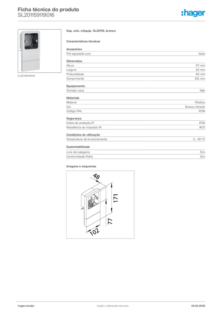 Imagem Hager Ficha técnica do produto SL201159119016 | Hager Portugal