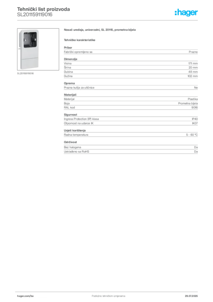 Slika Hager Product data sheet SL201159119016  | Hager