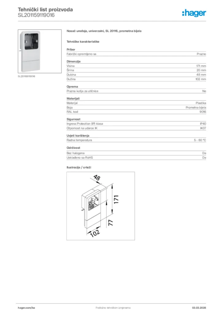 Slika Hager Tehnički list proizvoda SL201159119016  | Hager