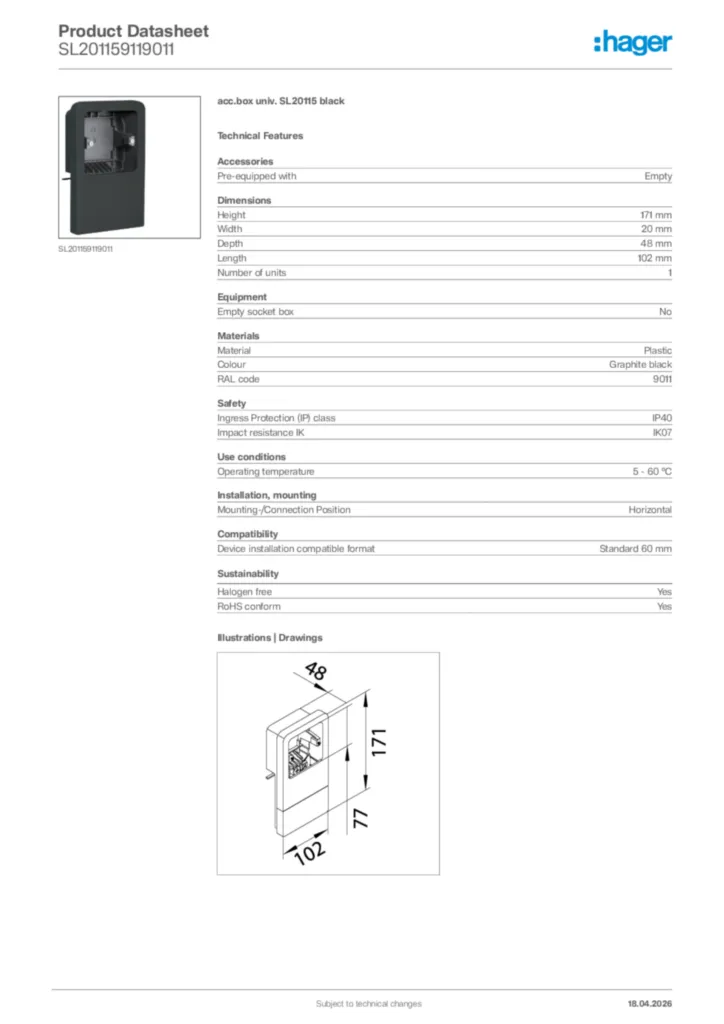 Image Hager Product data sheet SL201159119011  | Hager Africa