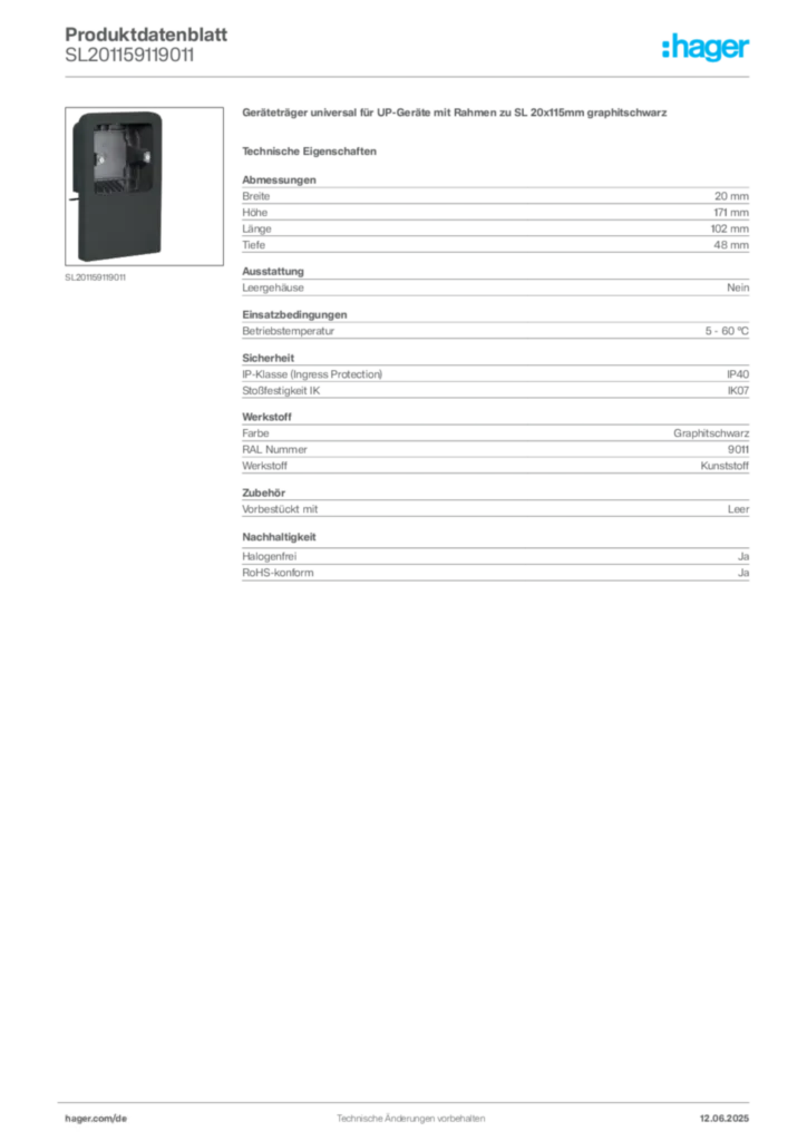 Bild Hager Produktdatenblatt SL201159119011 | Hager Deutschland