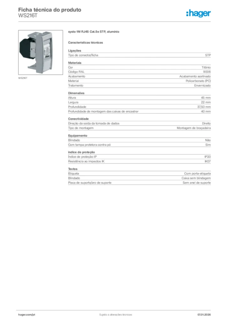 Imagem Hager Ficha técnica do produto WS216T | Hager Portugal