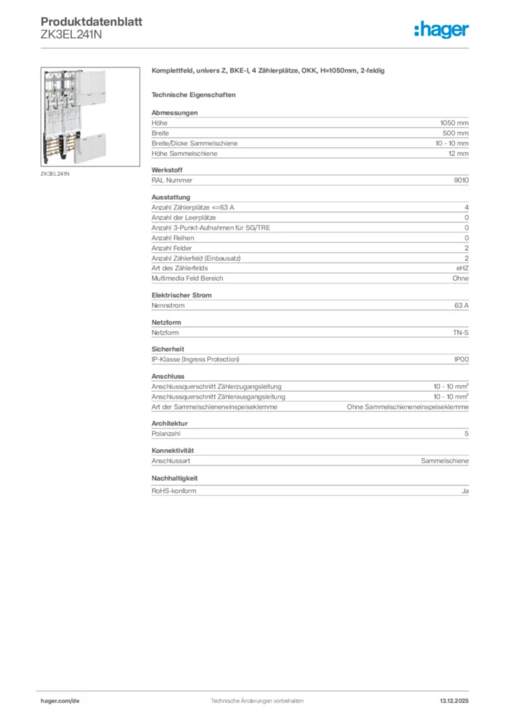 Bild Hager Produktdatenblatt ZK3EL241N | Hager Deutschland