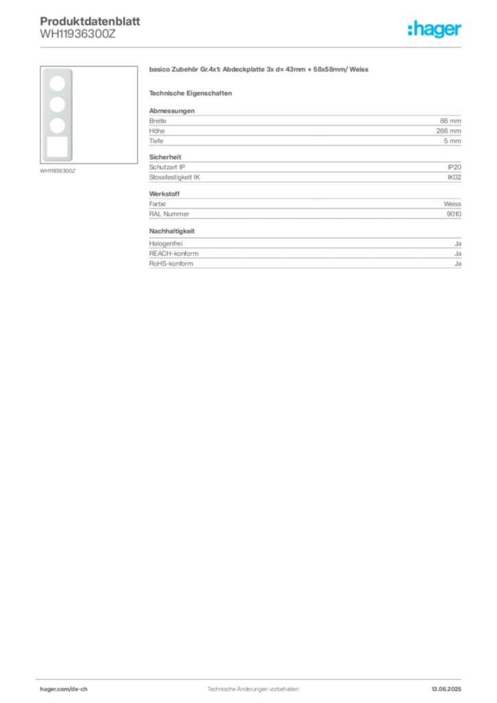 Bild Hager Produktdatenblatt WH11936300Z | Hager Schweiz