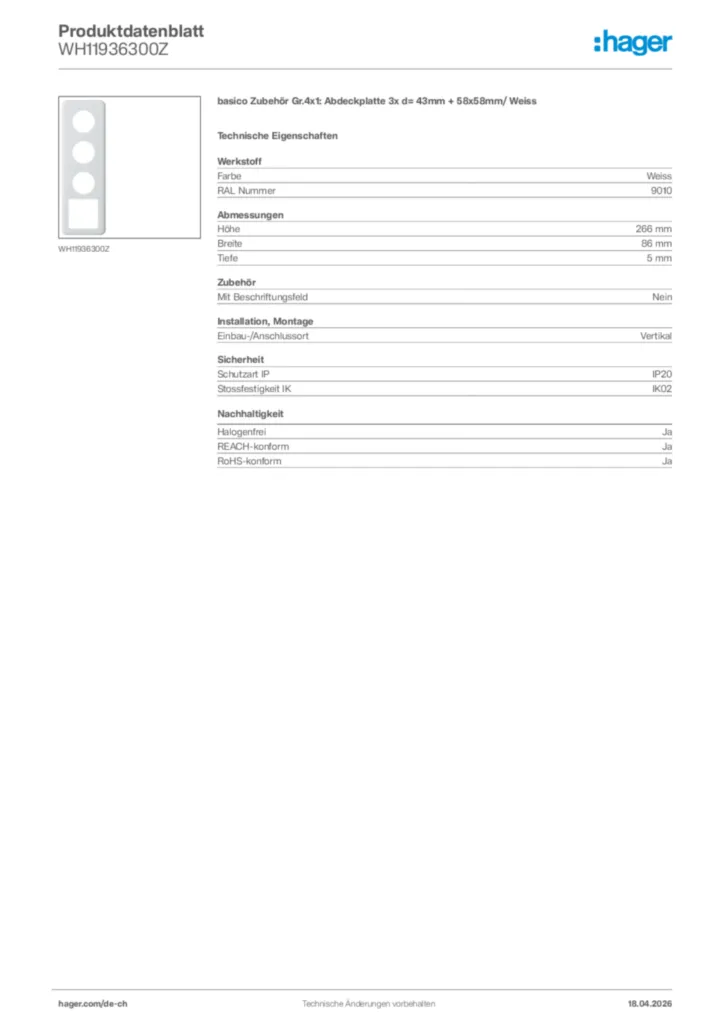 Bild Hager Produktdatenblatt WH11936300Z | Hager Schweiz