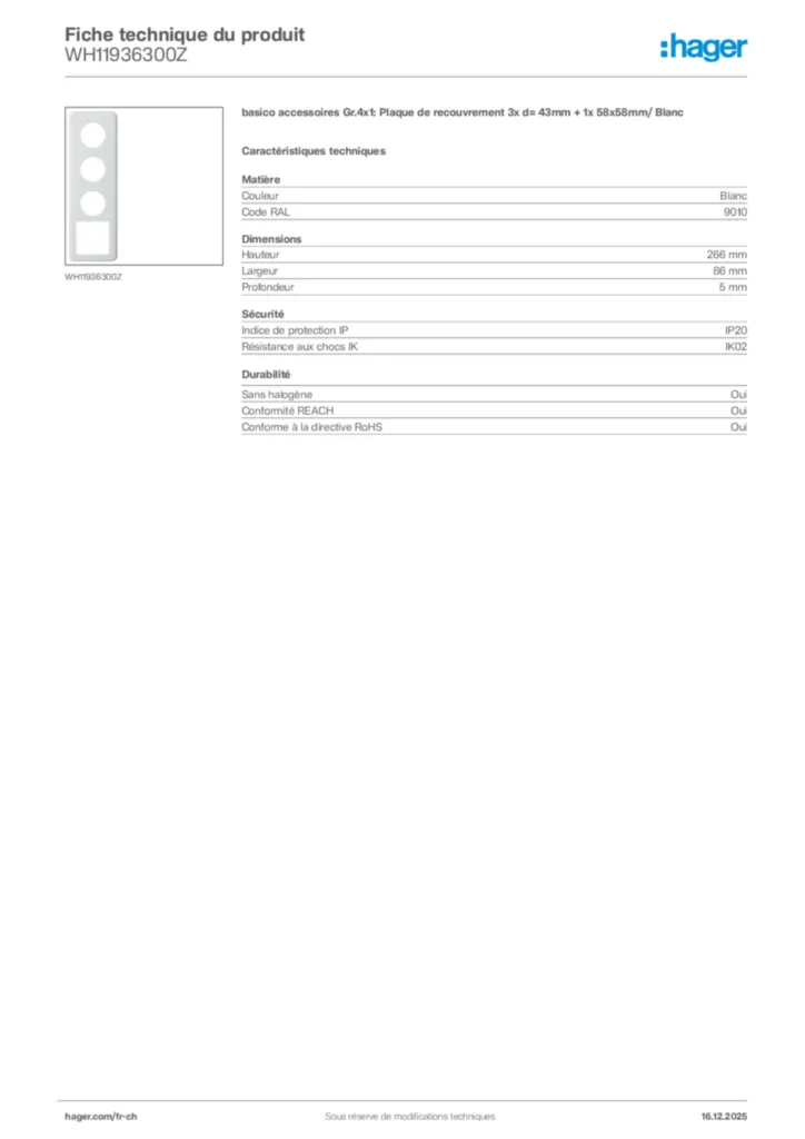 Image Hager Fiche technique du produit WH11936300Z | Hager Suisse